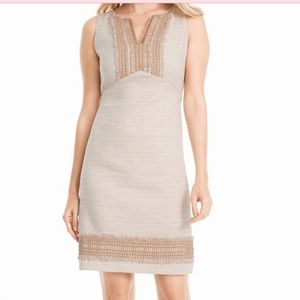WHBM Tweed Sheath Beige Tan Dress, Size 6, Seelves embroidery neckline